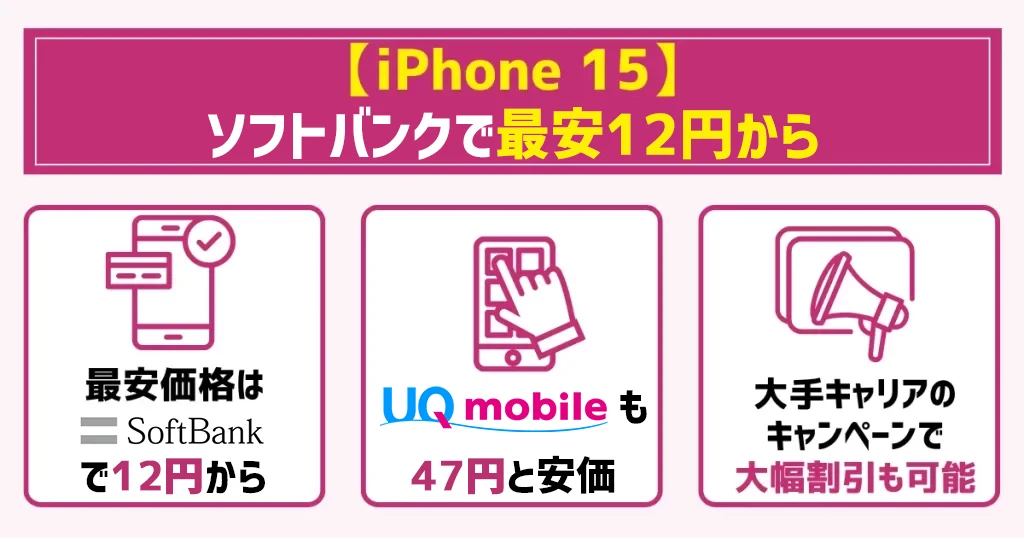 【iPhone15シリーズ】ソフトバンクで最安12円から！大手キャリアのキャンペーンで大幅割引も可能