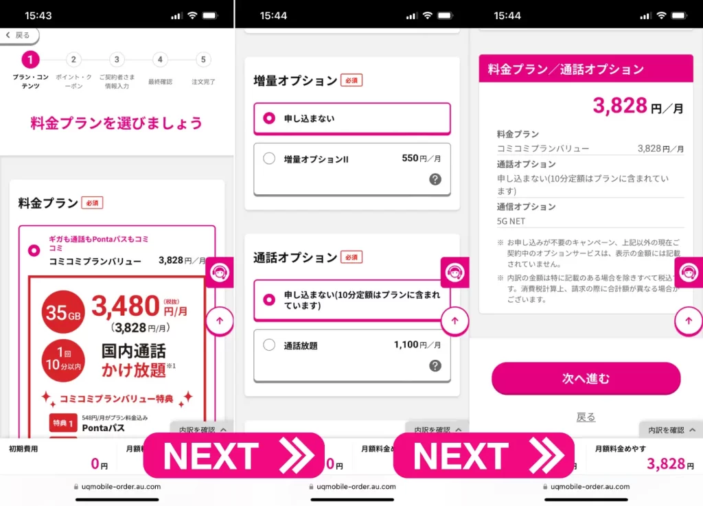 料金プラン・オプションを選択して次に進む