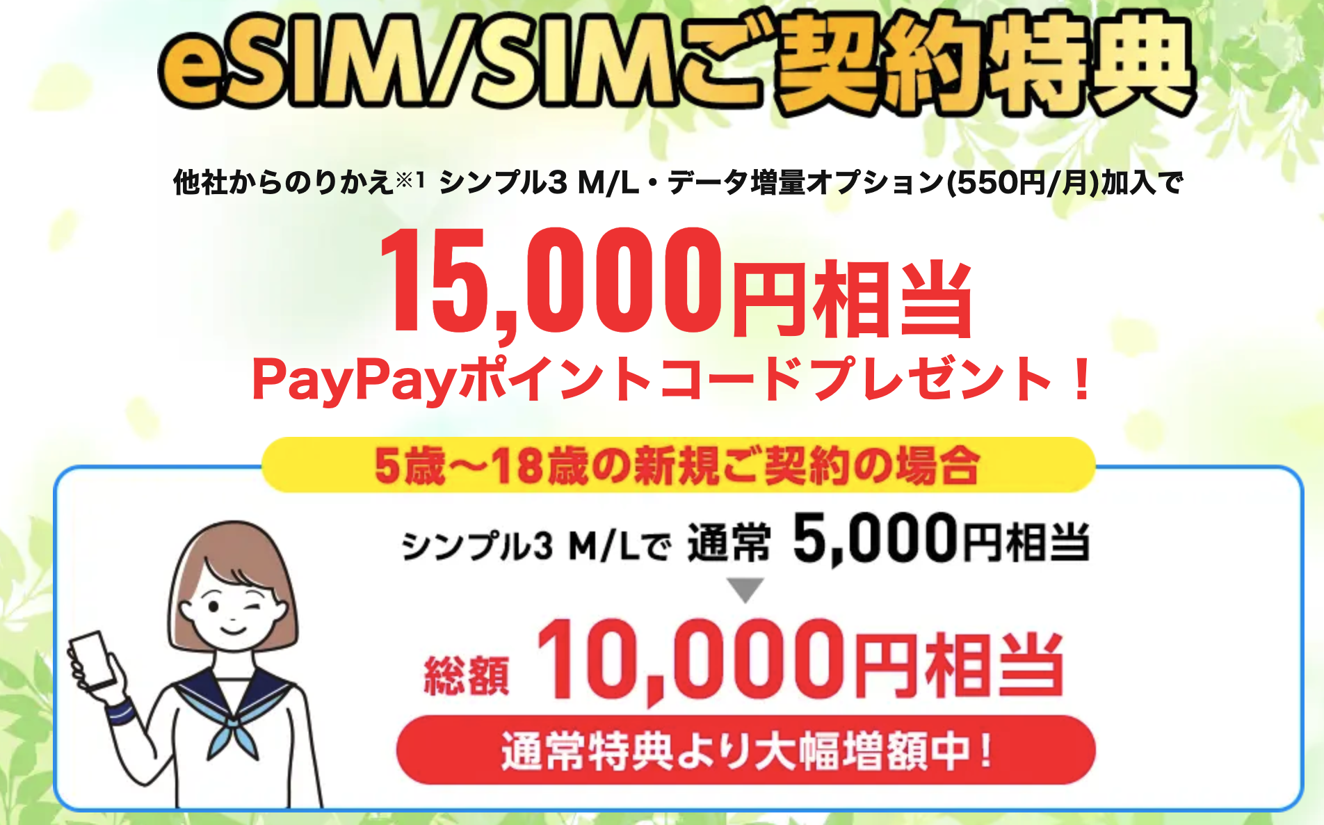 ワイモバイルのeSIM・SIMご契約特典。他社からの乗り換えで15,000円相当のPayPayポイントコードをプレゼント