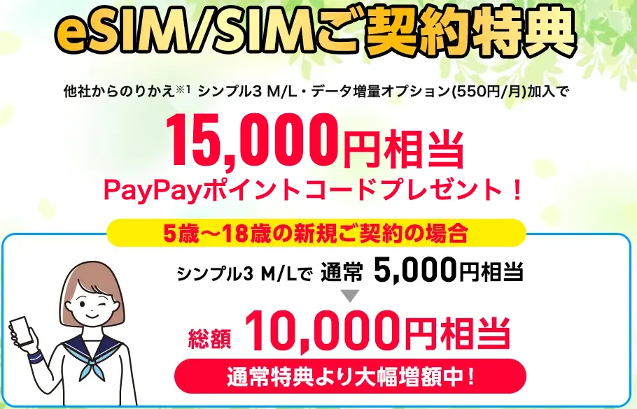 ワイモバイル eSIM/SIMご契約特典 15,000円相当PayPayポイント